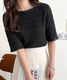 classicalelf（クラシカルエルフ）の「着るだけで華やぐ、大人のフリルジャガード。襟メロウボーダー見えフリルカットソー(半袖)（Tシャツ/カットソー）」