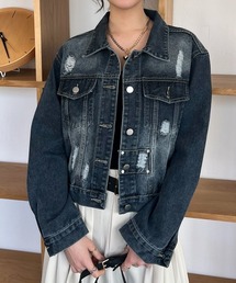 ショート丈 ダメージ加工デニムジャケット