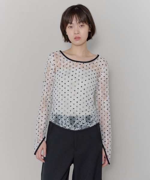 leimn（レイムン）の「ドットレースチュールシアートップス（Tシャツ/カットソー・レディース・ホワイト/ブラック・FREE）」の2枚目の写真