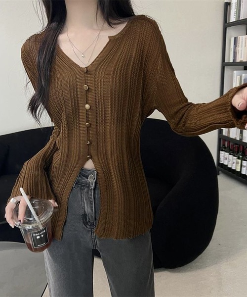 WESTSEA(ウエストシー)の「前開き風 リブニットトップス Vネック 透け感ニット(ニット/セーター・レディース・ブラック/オフホワイト/ブラウン・FREE)」の3枚目の写真
