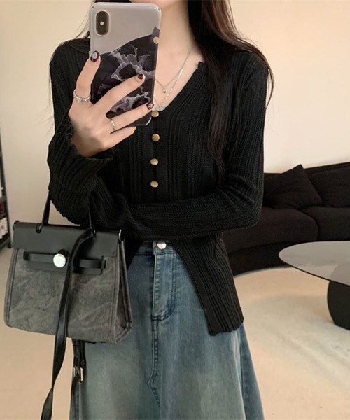 WESTSEA(ウエストシー)の「前開き風 リブニットトップス Vネック 透け感ニット(ニット/セーター・レディース・ブラック/オフホワイト/ブラウン・FREE)」の9枚目の写真