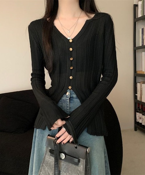 WESTSEA(ウエストシー)の「前開き風 リブニットトップス Vネック 透け感ニット(ニット/セーター・レディース・ブラック/オフホワイト/ブラウン・FREE)」の11枚目の写真
