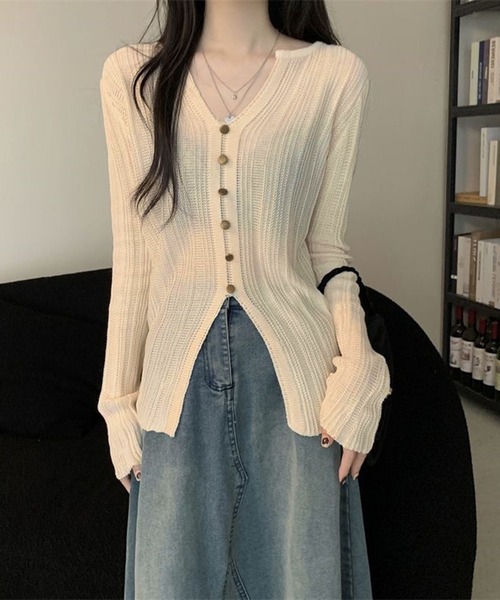 WESTSEA(ウエストシー)の「前開き風 リブニットトップス Vネック 透け感ニット(ニット/セーター・レディース・ブラック/オフホワイト/ブラウン・FREE)」の4枚目の写真