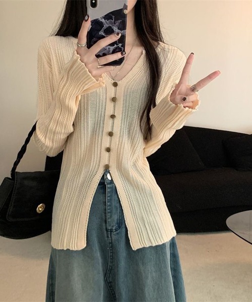 WESTSEA(ウエストシー)の「前開き風 リブニットトップス Vネック 透け感ニット(ニット/セーター・レディース・ブラック/オフホワイト/ブラウン・FREE)」の8枚目の写真