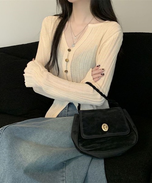 WESTSEA(ウエストシー)の「前開き風 リブニットトップス Vネック 透け感ニット(ニット/セーター・レディース・ブラック/オフホワイト/ブラウン・FREE)」の6枚目の写真