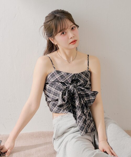 Chico(チコ)の「チェックリボンベアトップス(シャツ/ブラウス・レディース・ピンク/ブラック/グレイッシュベージュ/ベージュ・FREE)」の6枚目の写真