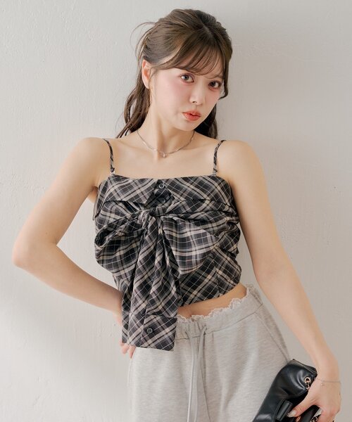 Chico(チコ)の「チェックリボンベアトップス(シャツ/ブラウス・レディース・ピンク/ブラック/グレイッシュベージュ/ベージュ・FREE)」の10枚目の写真