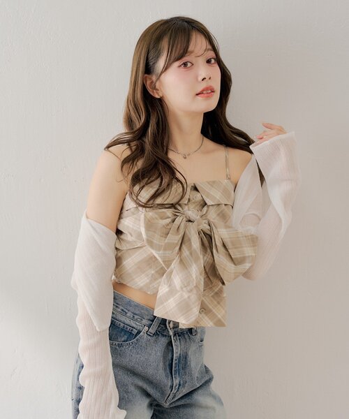 Chico(チコ)の「チェックリボンベアトップス(シャツ/ブラウス・レディース・ピンク/ブラック/グレイッシュベージュ/ベージュ・FREE)」の12枚目の写真