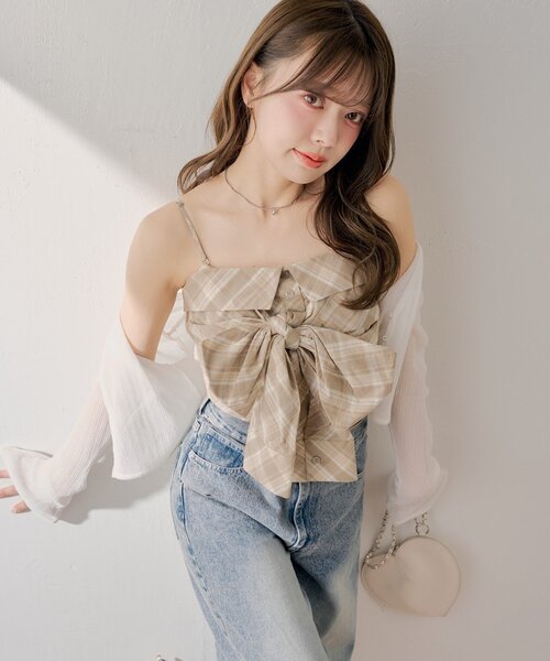 Chico(チコ)の「チェックリボンベアトップス(シャツ/ブラウス・レディース・ピンク/ブラック/グレイッシュベージュ/ベージュ・FREE)」の13枚目の写真
