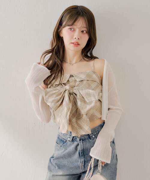 Chico(チコ)の「チェックリボンベアトップス(シャツ/ブラウス・レディース・ピンク/ブラック/グレイッシュベージュ/ベージュ・FREE)」の16枚目の写真