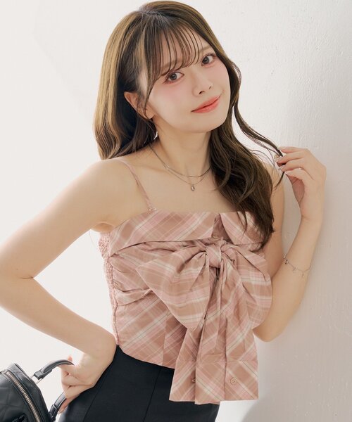 Chico(チコ)の「チェックリボンベアトップス(シャツ/ブラウス・レディース・ピンク/ブラック/グレイッシュベージュ/ベージュ・FREE)」の17枚目の写真