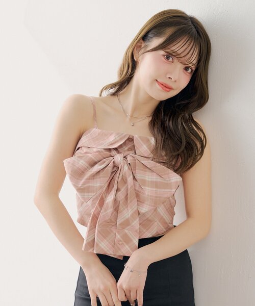 Chico(チコ)の「チェックリボンベアトップス(シャツ/ブラウス・レディース・ピンク/ブラック/グレイッシュベージュ/ベージュ・FREE)」の19枚目の写真