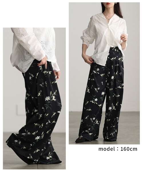 Sawa a la mode（サワアラモード）の「花柄プリントタックワイドパンツ（その他パンツ・レディース・アイボリー/ブラック・FREE）」の3枚目の写真