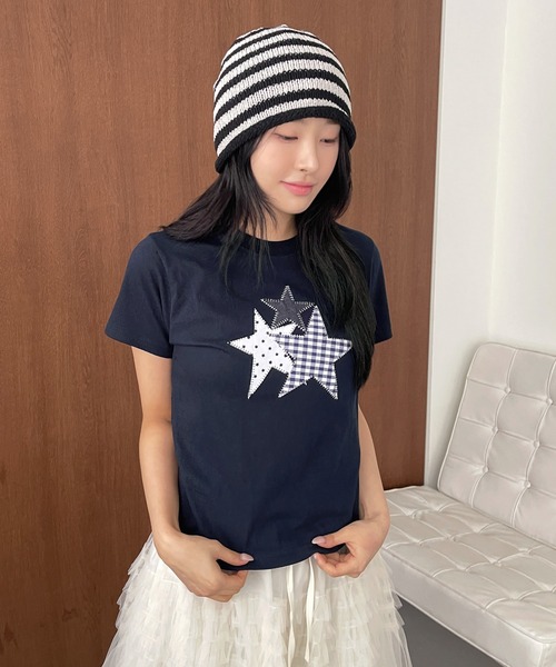 UNE MANSION(ユヌマンション)の「スターアップリケTシャツカットソー(Tシャツ/カットソー・レディース・ホワイト/ネイビー・FREE)」の1枚目の写真