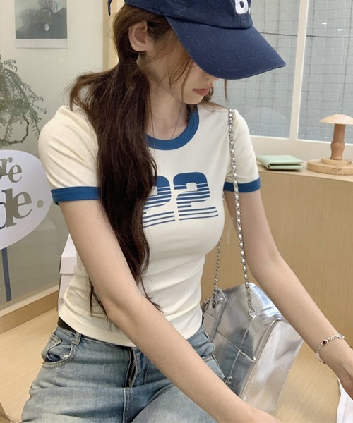 shyam inspiration(シャムインスピレーション)の「ナンバープリントミニTシャツ/リンガーTシャツ/半袖(Tシャツ/カットソー・レディース・アイボリー/グレー・S/M)」の12枚目の写真