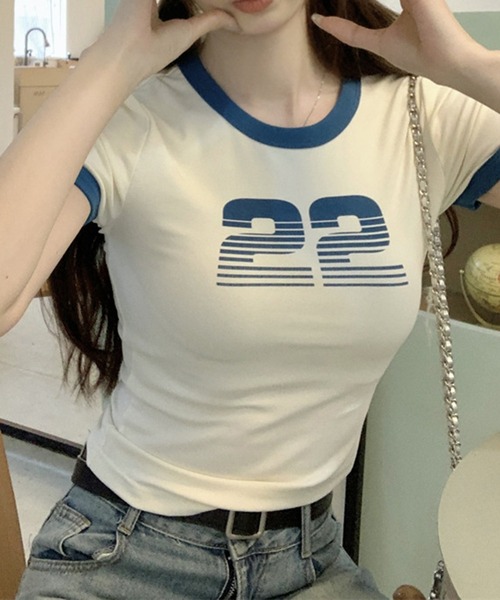 shyam inspiration(シャムインスピレーション)の「ナンバープリントミニTシャツ/リンガーTシャツ/半袖(Tシャツ/カットソー・レディース・アイボリー/グレー・S/M)」の10枚目の写真