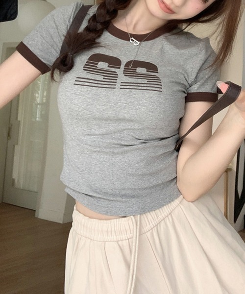 shyam inspiration(シャムインスピレーション)の「ナンバープリントミニTシャツ/リンガーTシャツ/半袖(Tシャツ/カットソー・レディース・アイボリー/グレー・S/M)」の17枚目の写真