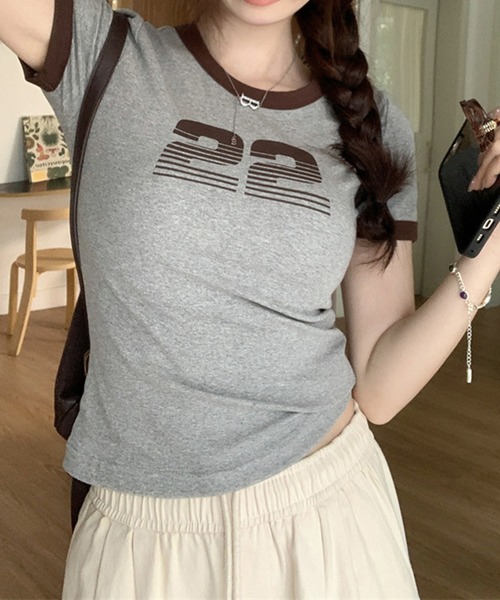 shyam inspiration(シャムインスピレーション)の「ナンバープリントミニTシャツ/リンガーTシャツ/半袖(Tシャツ/カットソー・レディース・アイボリー/グレー・S/M)」の18枚目の写真