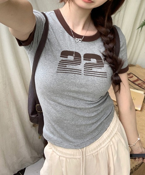 shyam inspiration(シャムインスピレーション)の「ナンバープリントミニTシャツ/リンガーTシャツ/半袖(Tシャツ/カットソー・レディース・アイボリー/グレー・S/M)」の20枚目の写真