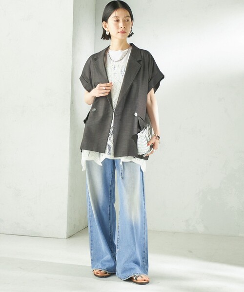 SHIPS(シップス)の「【実力派ベーシック】〈接触冷感/UVカット/吸水速乾/洗濯機可能〉SUUSUU フレンチ スリーブ 羽織 ジャケット(テーラードジャケット・レディース・ブラウン/ダークグレー・ONE SIZE)」の5枚目の写真