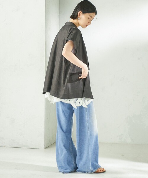 SHIPS(シップス)の「【実力派ベーシック】〈接触冷感/UVカット/吸水速乾/洗濯機可能〉SUUSUU フレンチ スリーブ 羽織 ジャケット(テーラードジャケット・レディース・ブラウン/ダークグレー・ONE SIZE)」の7枚目の写真
