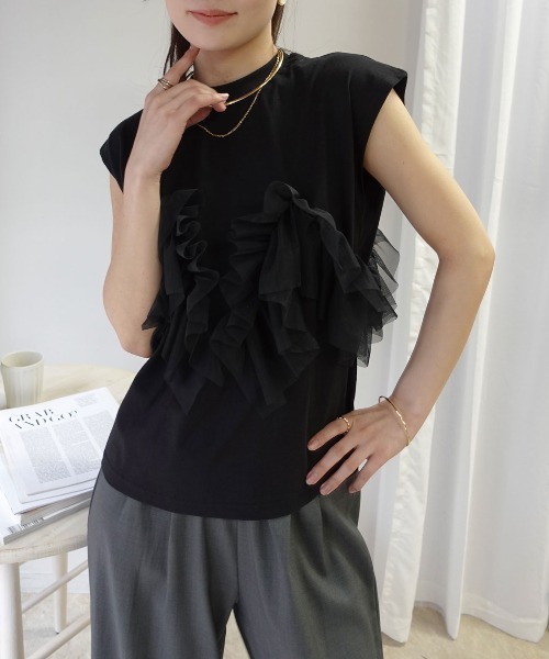 CORNERS(コーナーズ)の「2wayチュールフリルフレンチTシャツ(Tシャツ/カットソー・レディース・オフホワイト/ブラック/オリーブ/モカ・M)」の6枚目の写真