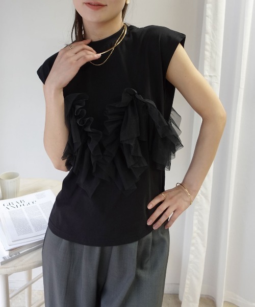 CORNERS(コーナーズ)の「2wayチュールフリルフレンチTシャツ(Tシャツ/カットソー・レディース・オフホワイト/ブラック/オリーブ/モカ・M)」の7枚目の写真