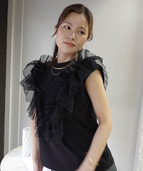 CORNERS(コーナーズ)の「2wayチュールフリルフレンチTシャツ(Tシャツ/カットソー・レディース・オフホワイト/ブラック/オリーブ/モカ・M)」の8枚目の写真