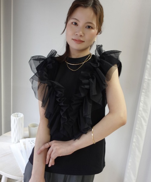 CORNERS(コーナーズ)の「2wayチュールフリルフレンチTシャツ(Tシャツ/カットソー・レディース・オフホワイト/ブラック/オリーブ/モカ・M)」の9枚目の写真