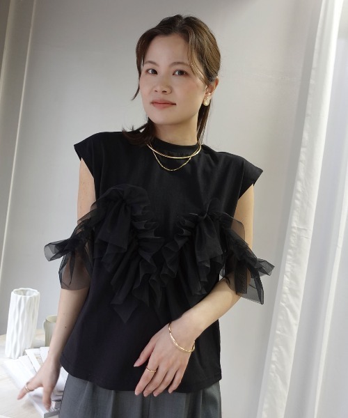 CORNERS(コーナーズ)の「2wayチュールフリルフレンチTシャツ(Tシャツ/カットソー・レディース・オフホワイト/ブラック/オリーブ/モカ・M)」の10枚目の写真