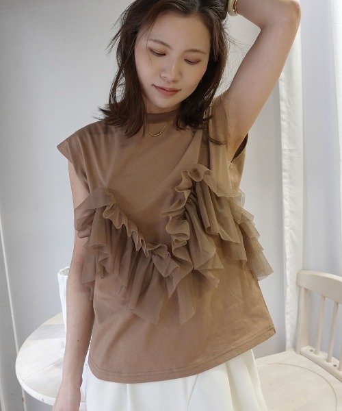 CORNERS(コーナーズ)の「2wayチュールフリルフレンチTシャツ(Tシャツ/カットソー・レディース・オフホワイト/ブラック/オリーブ/モカ・M)」の14枚目の写真