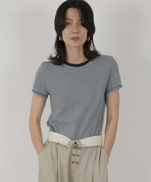 LA PEAU DE GEM(ラポドゥジェム)の「【LA PEAU DE GEM】hemp border tee/ヘンプボーダーT(Tシャツ/カットソー・レディース・ブラック/ブルー・FREE)」の1枚目の写真
