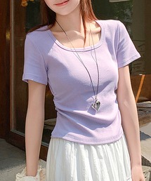 サイドギャザースクエアネックリブ編みTシャツ
