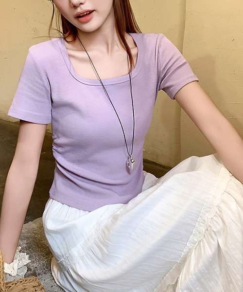 core core(コアコア)の「サイドギャザースクエアネックリブ編みTシャツ(Tシャツ/カットソー・レディース・ホワイト/イエロー/サックスブルー/ラベンダー・M/L)」の15枚目の写真