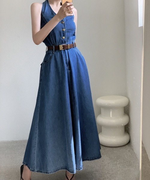 YUGA(ユーガ)の「YUGA_YGMC Korean-style Halter neck denim long dress(ワンピース・レディース・インディゴブルー・FREE)」の1枚目の写真