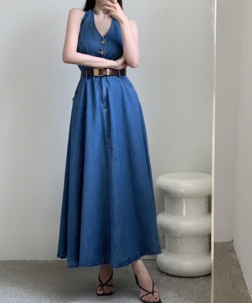 YUGA(ユーガ)の「YUGA_YGMC Korean-style Halter neck denim long dress(ワンピース・レディース・インディゴブルー・FREE)」の3枚目の写真