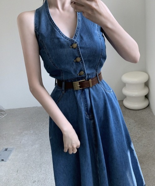 YUGA(ユーガ)の「YUGA_YGMC Korean-style Halter neck denim long dress(ワンピース・レディース・インディゴブルー・FREE)」の5枚目の写真