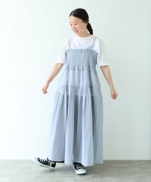 yuni(ユニ )の「Cotton Nylon sheer shirring jumper skirt(ワンピース・レディース・ブラック/グレー・FREE)」の20枚目の写真