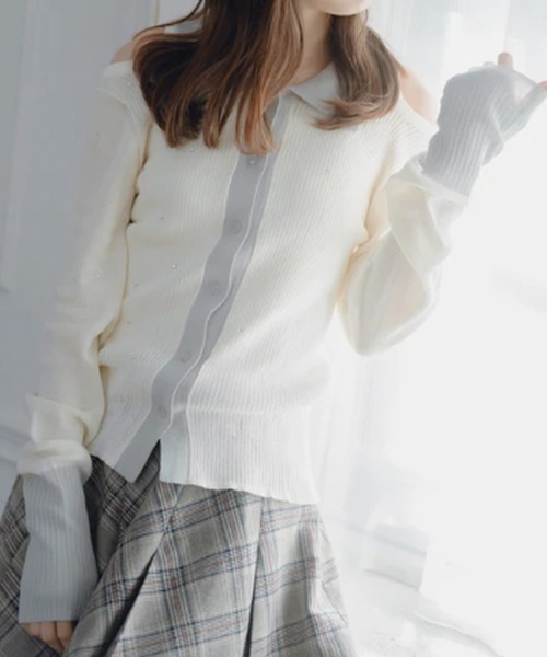 amr.(アムレ)の「ストーンシアーポロニット(ニット/セーター・レディース・ブルー/アイボリー・FREE)」の1枚目の写真
