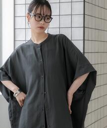 WEB限定/多機能素材 バンドカラーワイドチュニックシャツワンピース