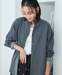 スタンドネックデニムフリルブラウス