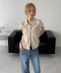 スリム セミクロップド 半袖 ブラスス / シャツ