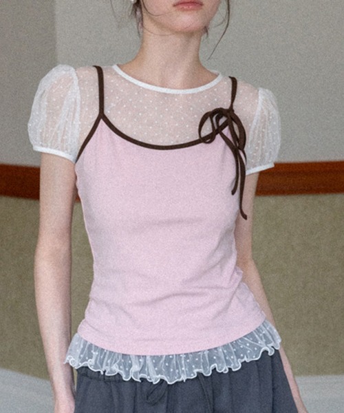 gossip！ロサンゼルス（ゴシップロサンゼルス）の「「Y2Kガーリー」 シアー Tシャツ ドット柄 半袖 チュール フリル パフスリーブ（Tシャツ/カットソー・レディース・ドット・M）」の8枚目の写真