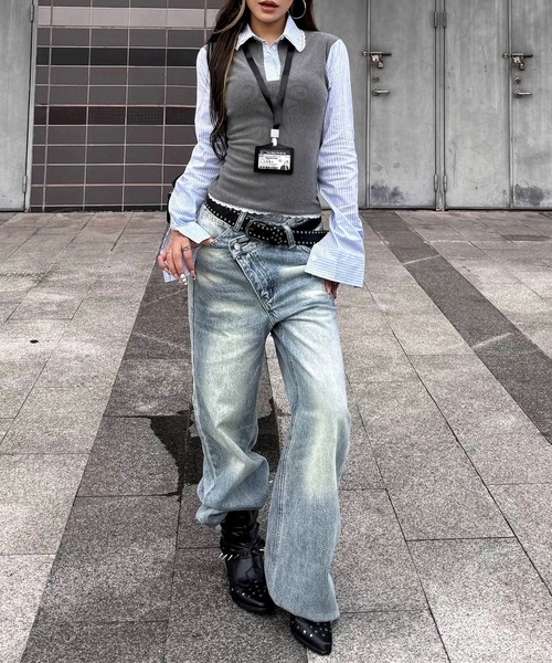 SHEENA（シーナ）の「アシメウエストワイドデニムパンツ（デニムパンツ・レディース・ブルー・S/M/L）」の10枚目の写真