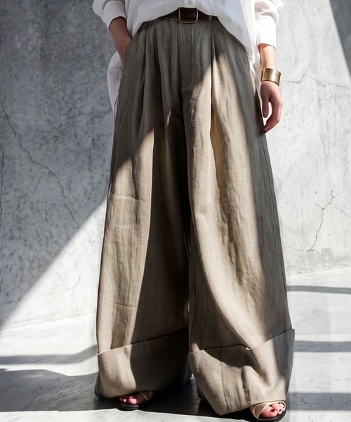 antiqua(アンティカ)の「麻調 ワイド ストレート パンツ(その他パンツ・レディース・ベージュ/ブラック・TL/ONESIZE)」の1枚目の写真