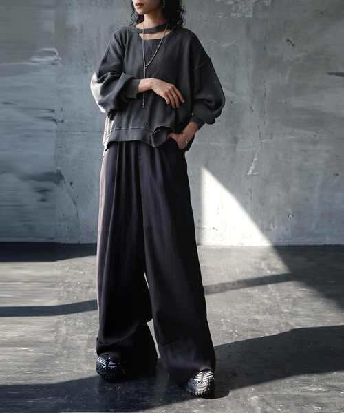antiqua(アンティカ)の「麻調 ワイド ストレート パンツ(その他パンツ・レディース・ベージュ/ブラック・TL/ONESIZE)」の3枚目の写真