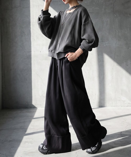 antiqua(アンティカ)の「麻調 ワイド ストレート パンツ(その他パンツ・レディース・ベージュ/ブラック・TL/ONESIZE)」の5枚目の写真
