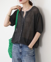 メッシュ編みボートネック5分袖カーディガン