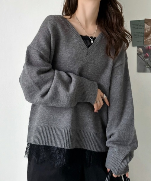 Eclat one(エクラワン)の「【Eclat one】バックシャン Vネック ニット(ニット/セーター・レディース・オフホワイト/ベージュ/チャコール・FREE)」の10枚目の写真