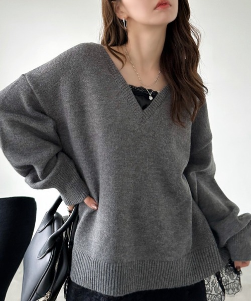 Eclat one(エクラワン)の「【Eclat one】バックシャン Vネック ニット(ニット/セーター・レディース・オフホワイト/ベージュ/チャコール・FREE)」の14枚目の写真